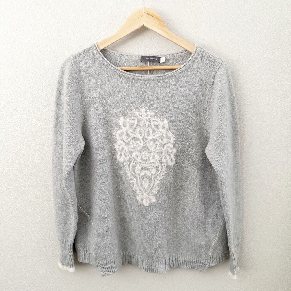 MINT VELVET | Alpaca Blend Gray Jumper Off White Damask Medallion | Size 14